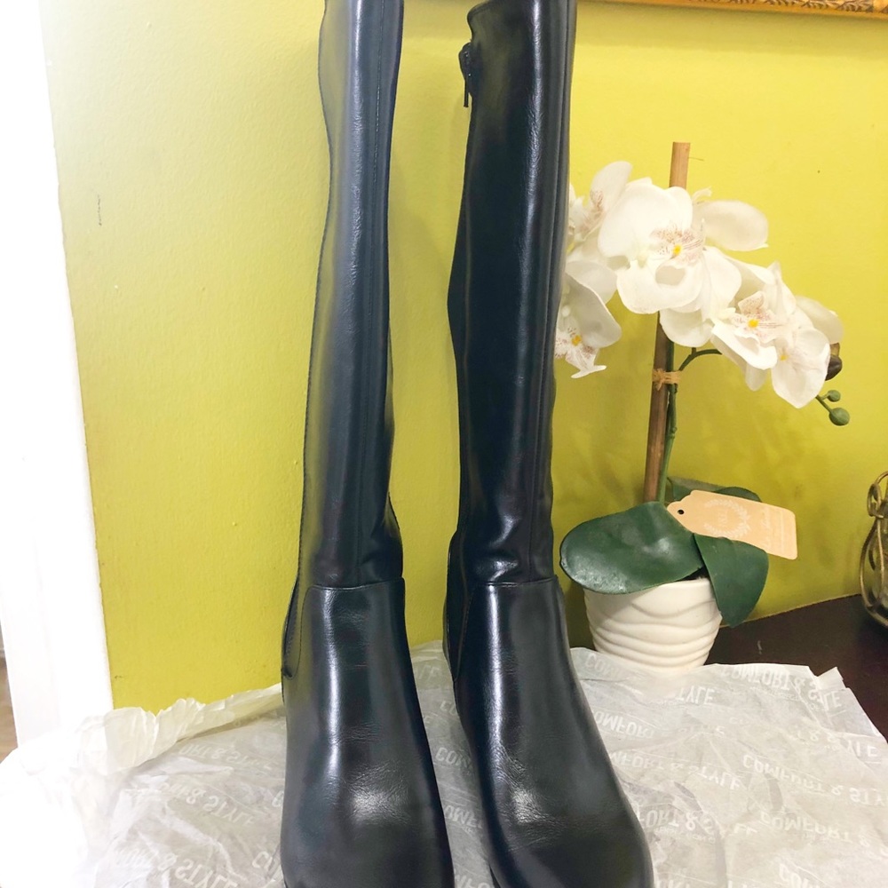 NWOTB Black Leather Long Wedge Boots